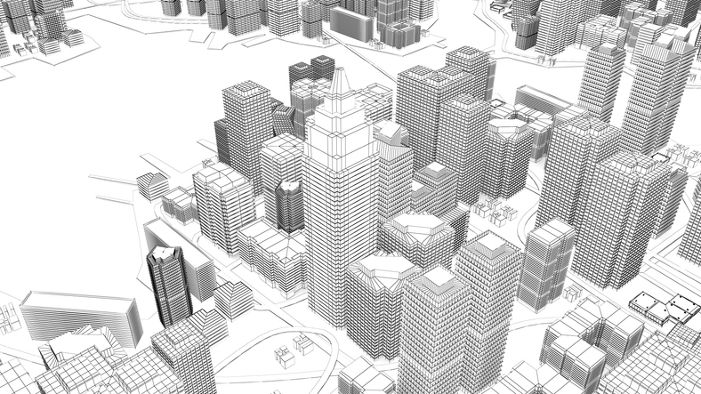 Wireframe Cityscape,Low-polygon cities and buildings,In the city's business district, a tall structure There are rivers and roads.,3d rendering